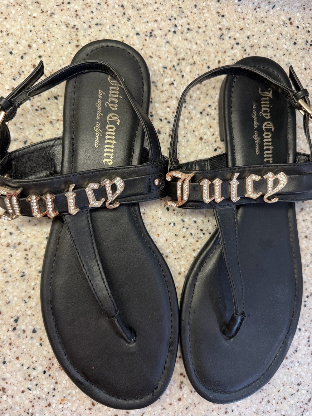 Size 10 Women’s Black Juicy Couture Sandals, Gold Hardware, Gemstones,Adjustable